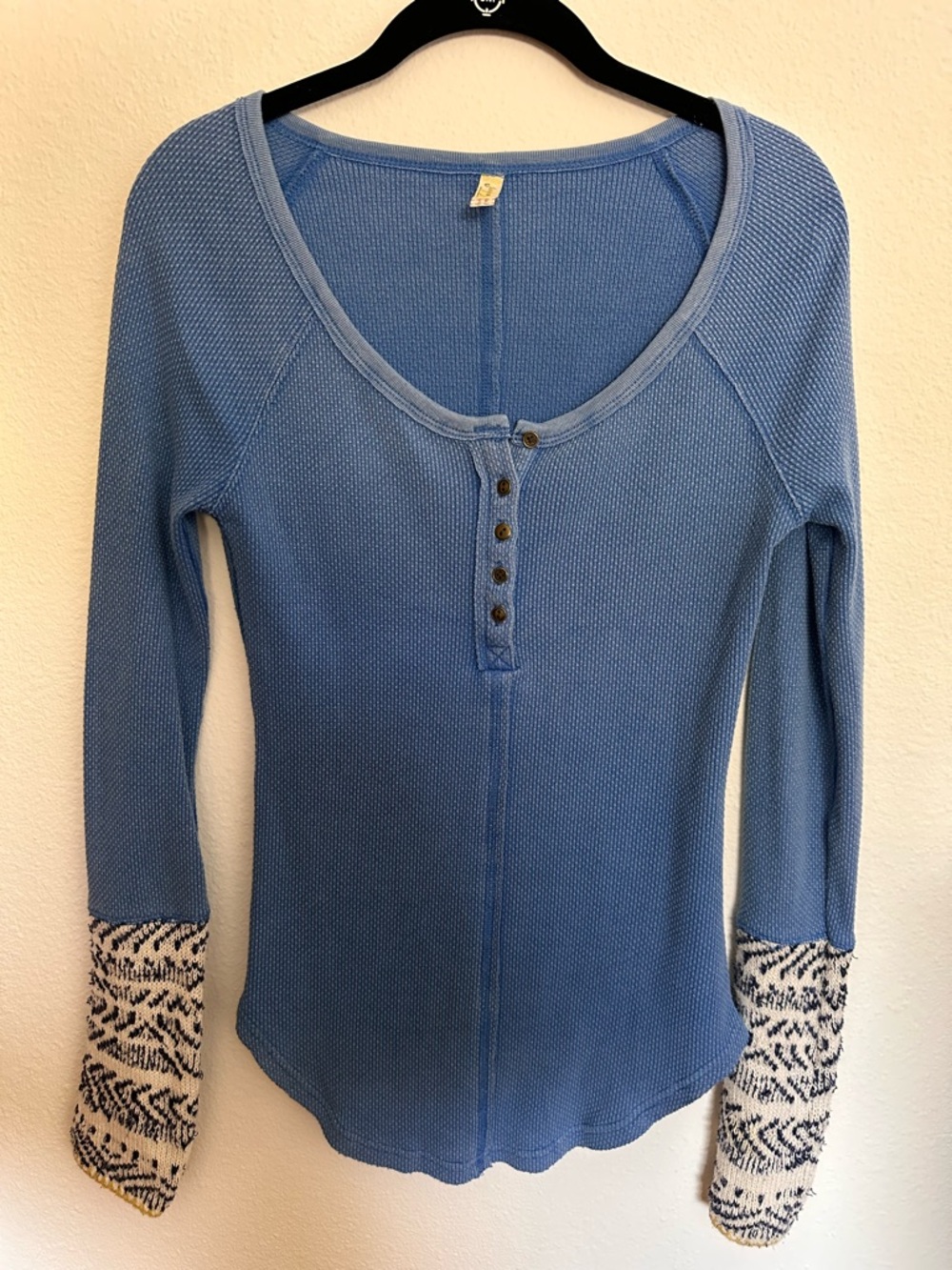 Free People Blue Waffle-Knit Henley with Patterned Cream Cuffs
